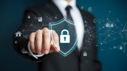 Businessperson Pointing at Digital Shield with Padlock