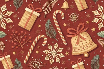 Seamless Christmas Pattern with Vintage Gifts, Candy Canes, and Bells on Red Background. Christmas seamless pattern