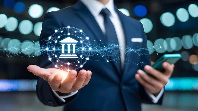 Businessperson Presenting Digital Bank Icon with Network Nodes - Powered by Adobe