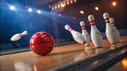 Red Bowling Ball Striking Pins &ndash; Action Shot, Bowling Alley, Sports Photography, Strike Moment