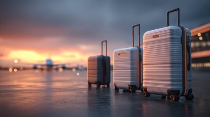 Suitcases on a runway at sunset