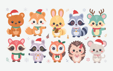 Cute cartoon forest animals wearing santa hats and scarves for christmas