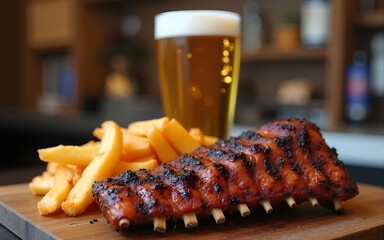 Glass of beer and grilled pork spare ribs with fry, tasty snack to beer. Beer and food concept. Ale and meat. High quality