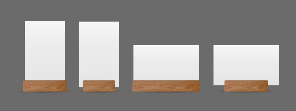 Minimalist Vertical and Horizontal Card Mockup with Wooden Stand &ndash; Blank Display Frame for Menu, Table Sign, Poster, and Stationery Design &ndash; Vector Illustration