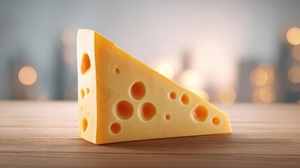 Swiss cheese wedge on a wooden surface