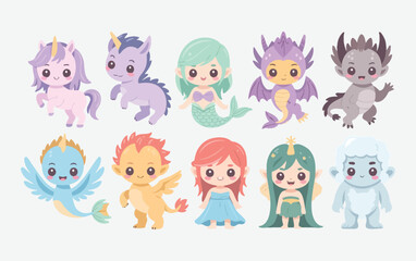 Collection of cute fantasy creatures and mythical characters in kawaii style