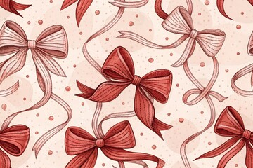 Seamless Vector Pattern of Red Gift Bows and Ribbons on Pastel Pink Dotted Background. Seamless floral pattern