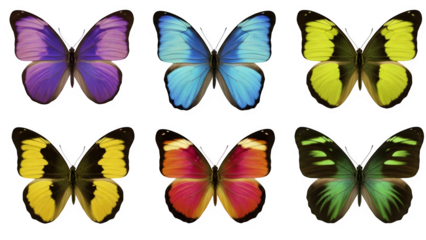 Colorful butterfly wings arranged in a grid on a black background
