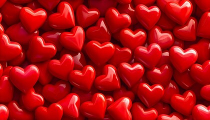 Dense, glossy red heart pattern, red hearts background