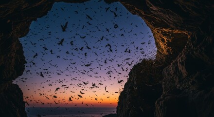 A Swarm of Bats Emerging from a Cave at Sunset