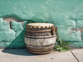 Fototapeta premium Rustic African Drum Against Cracked Green Wall: Cultural Music Instrument