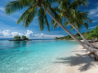 beautiful tropical beach with palm trees and clear blue sky. colorful sandy beaches, crystal-clear waters of the caribbean or indian ocean