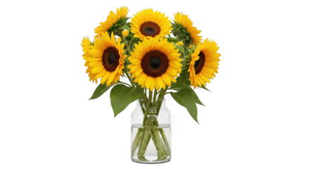 Bouquet of bright yellow sunflowers in a clear glass vase floral