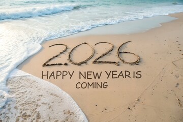 The Year '2026' and 'Happy New Year is Coming' Written in Sand on Beach with Ocean Wave