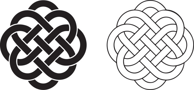 Two Interlocking Celtic Knot Designs, One Solid Black and One White Outline on a White Background Keywords: celtic knot, symbol, design