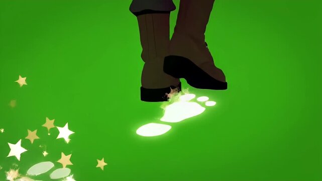 Glowing Footsteps Jumping Boots On Green Background.
