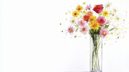 Vibrant watercolor painting of bouquet featuring red roses, daisies, and colorful flowers clear vase, radiating joy and beauty