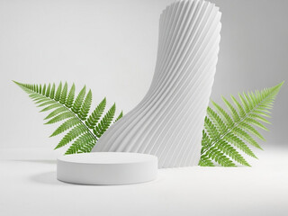 Minimalist white podium with green fern leaves on white background