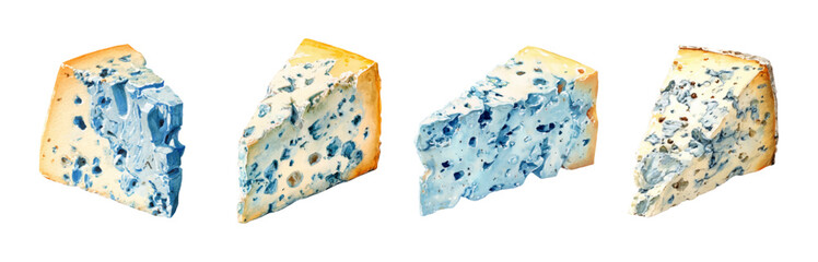 Watercolor set of blue cheeses. Aged cheeses for cooking, snacks, etc. Illustration of fresh dairy products with wheels and slices of cheddar, burrata, brie cheese in soft colors.