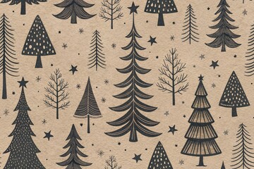 Seamless Vector Pattern with Black Stylized Christmas Trees and Stars on Kraft Paper Background. Christmas trees seamless pattern