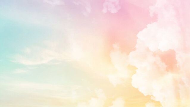 Sky clear gradient pastel sky background. Fantasy magical sunny sky pastel background with colorful cloudy sky, fluffy white cloud. Freedom concept. Vector illustration.