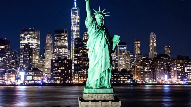 Dramatic city skyline at dusk with iconic torchlight shining through clouds with statue of liberty at beautiful effect city skyline