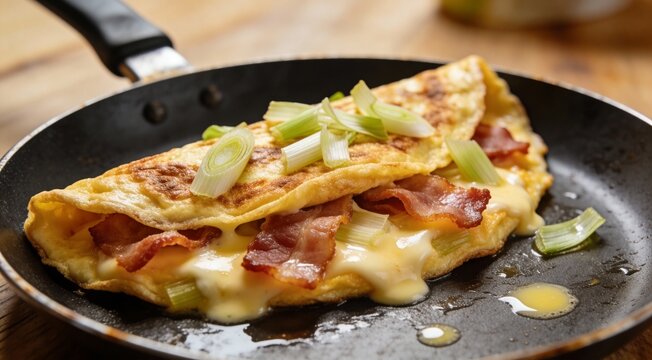 French omelette Savoyarde with bacon, cheese and leeks in fry pan