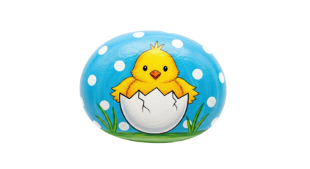 Cute yellow chick hatching from egg painted on blue polka dot rock baby bird cracked egg