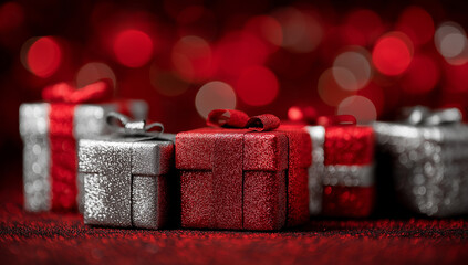 Red and silver gift boxes with bokeh lights, creating an atmosphere suitable for Christmas or other special events.
