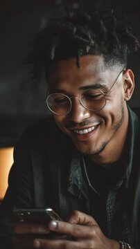 Smiling man with glasses looking at his phone, enjoying a moment of happiness