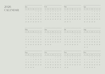 Minimalist 2026 full-year calendar vector template. Featuring a clean, elegant layout with a sophisticated monochromatic color palette. Ideal for professional print and digital planning.