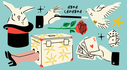 Magician's elements, tools for magic tricks. Professional illusionist equipment: hat with rabbit, magic wand, playing cards, flower, dove, dice, half of lady in a box. Hand drawn Vector illustration  © Dariia