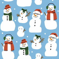Snowman Set. Various snow creatures, different sizes, clothes. Festive characters. Winter, Christmas, new year, cozy weather concept. Hand drawn trendy Vector illustration. Square seamless Pattern