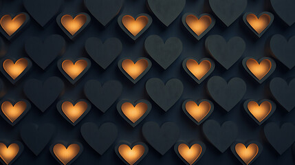 Warm glowing heart cutouts repeat across dark background creating textured pattern and valentine mood with soft light and layered paper depth