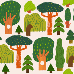 Set of various trees. Different types, shapes, colors, textures. Cartoon, childish Scandinavian style forest trees. Hand drawn trendy Vector illustration. Square seamless Pattern, background