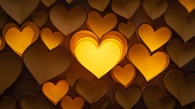 Golden heart background texture valentine warm glowing layered heart pattern creating romantic atmosphere with soft light and depth - Powered by Adobe