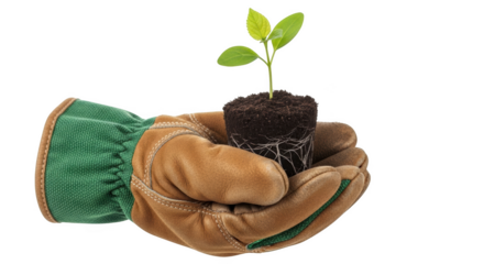 Gardener's hand in brown glove holding small plant with roots seedling sprout