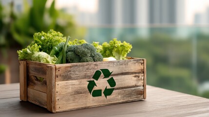 Vegetables in wooden crate recycled symbol