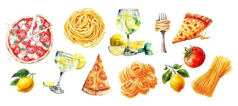Amalfi Coast watercolor food collection with pasta, wine, champagne. Mediterranean summer essentials with tomatoes, pizza, pasta and more. Perfect for travel postcards.
