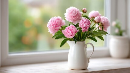 Fototapeta premium Beautiful pink peonies on kitchen windowsill in spring