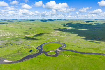 Aerial view magnificent scenery of the meandering rivers in the Hulunbuir Grassland of Inner Mongolia, China