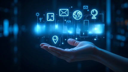 Close-up of a businessman's hand holding a futuristic digital hologram featuring globe, email, and social media icons; a concept for global connectivity and advanced cloud computing.