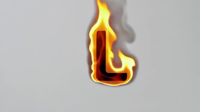Letter l on fire with bright yellow and orange flames on a light gray background