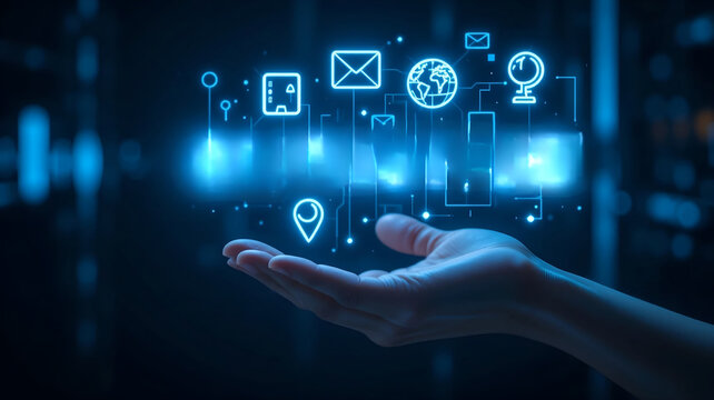 Close-up of a businessman's hand holding a futuristic digital hologram featuring globe, email, and social media icons; a concept for global connectivity and advanced cloud computing. - Powered by Adobe