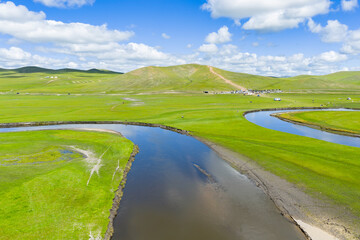 Aerial view magnificent scenery of the meandering rivers in the Hulunbuir Grassland of Inner Mongolia, China