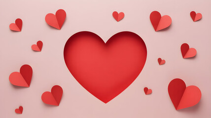 Floating paper hearts in shades of red against a soft pink background