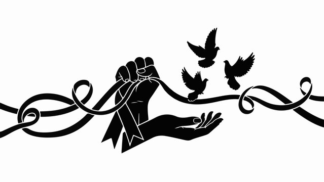 Symbol of freedom and hope as a hand releases doves from tangled ribbons.