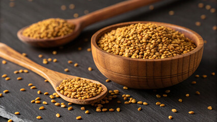 olden Fenugreek Seeds in Wooden Bowl &ndash; Healthy Spices, Organic Herbs, High-Quality Food Ingredients