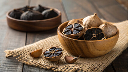 Black Garlic in Wooden Bowl &ndash; Fermented Garlic, Aged Black Garlic Cloves, Healthy Superfood