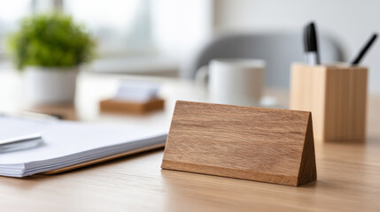 Wooden office desk nameplate with professional business card holder for modern workspace design